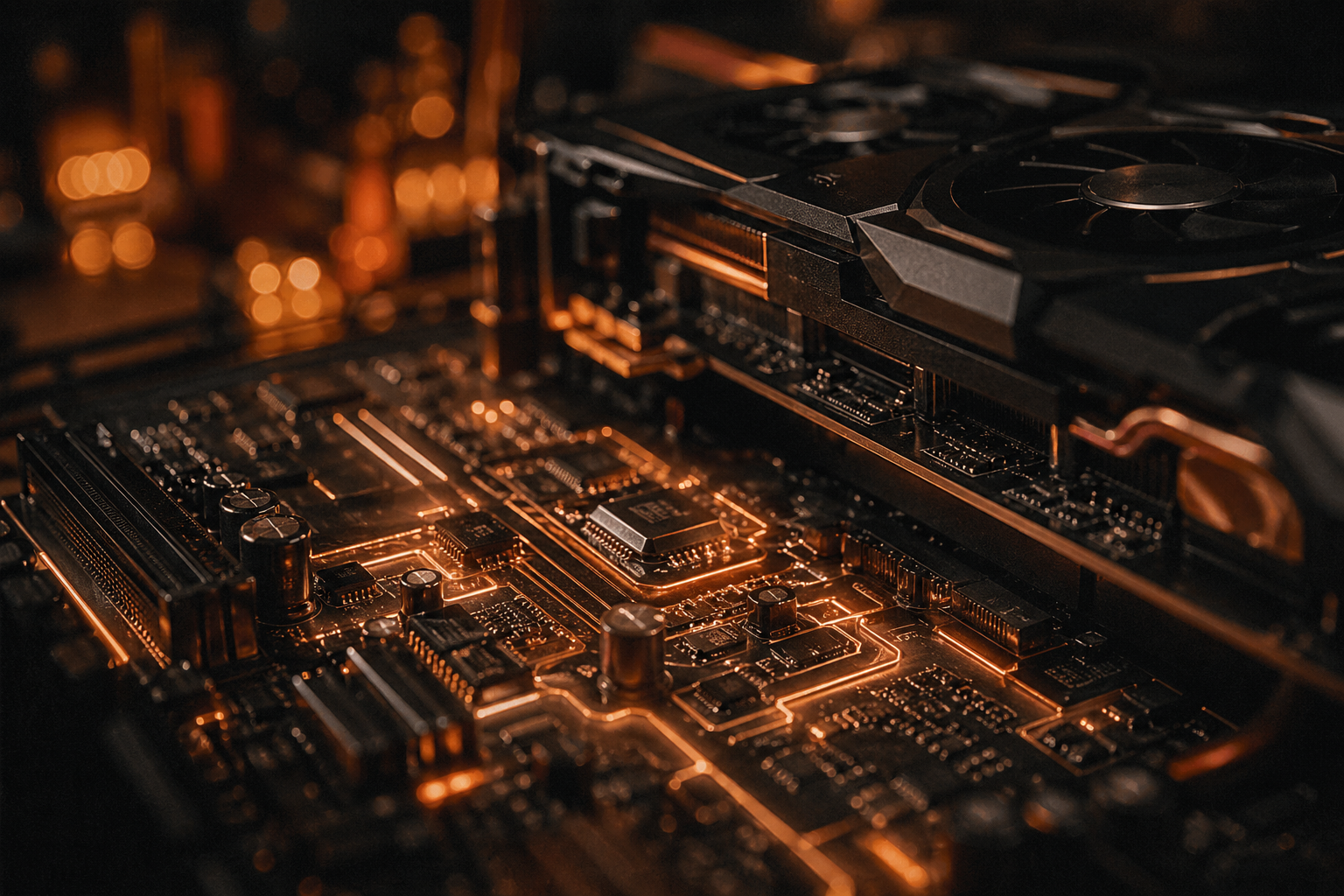 PC motherboard, GPU and RAM glowing in amber light