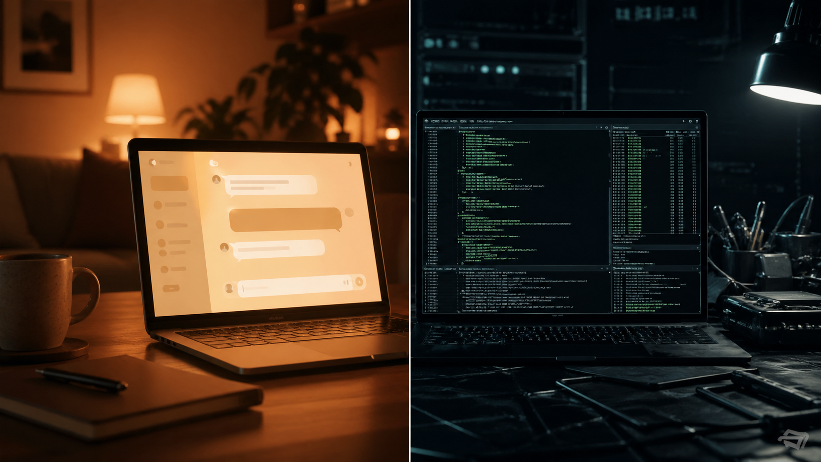 Split visual: cozy chat on the left, raw terminal on the right