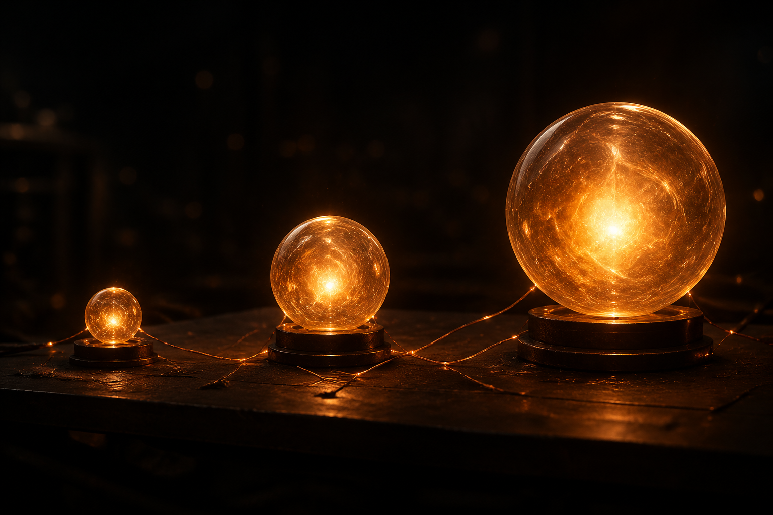 Three glowing orbs of amber light arranged like models on a workbench