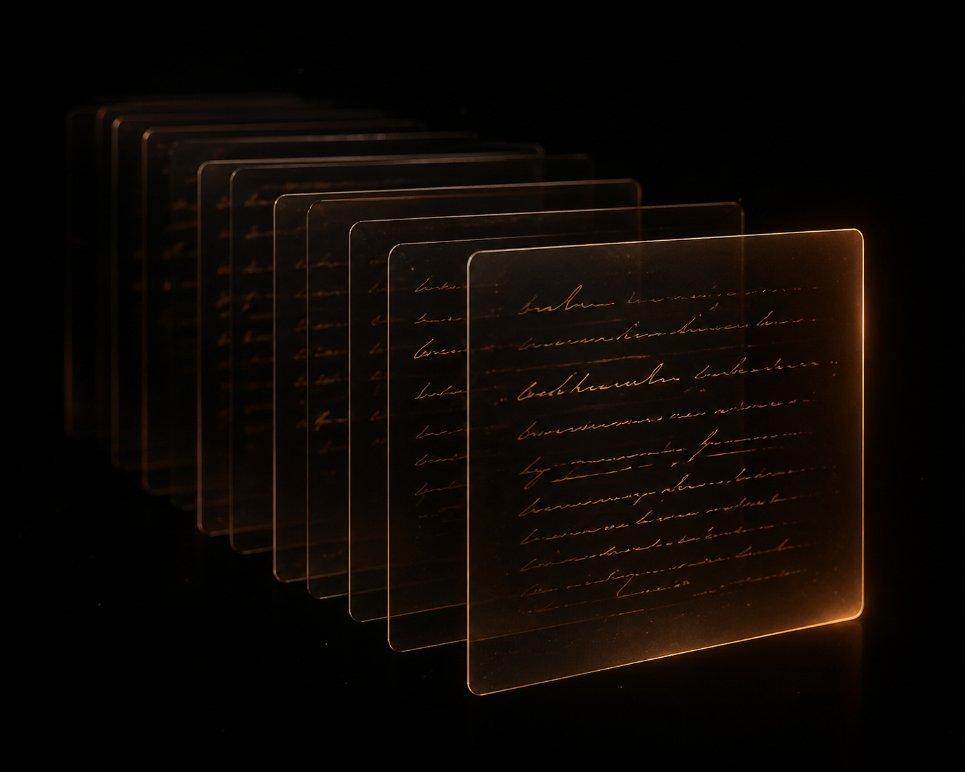 Stacked translucent glass cards holding amber lines — a library of remembered facts