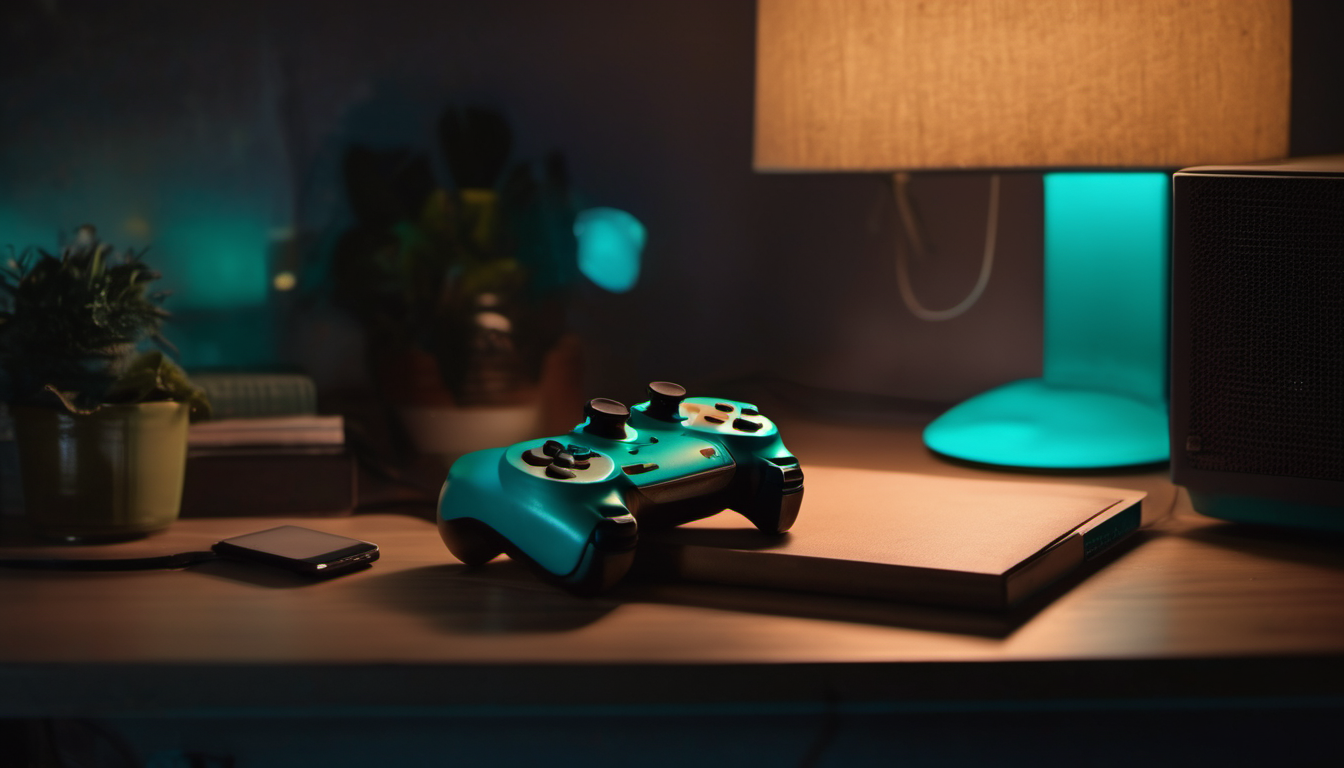 A game controller and a phone on a desk at night, lit by a warm lamp and teal glow