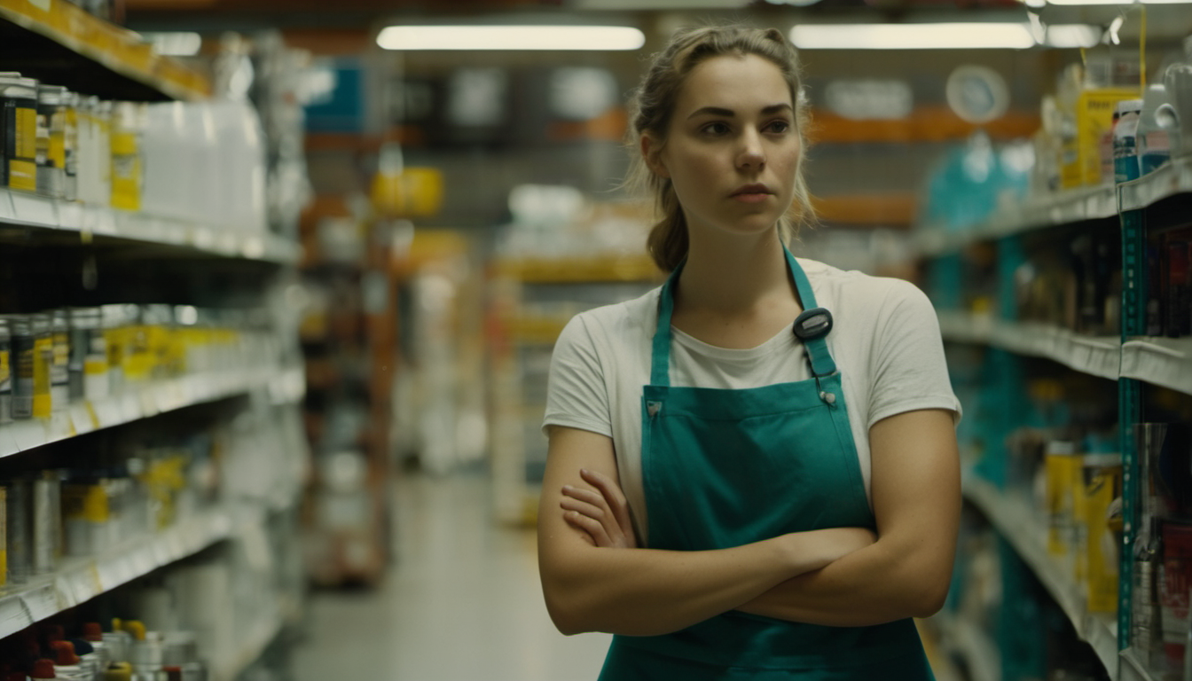 A young store worker in a green apron stands in an aisle, arms crossed, unconvinced