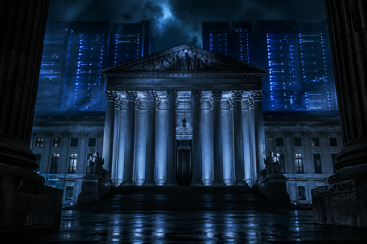 A government building at night, cold blue institutional light against a glowing tech-company silhouette in the background