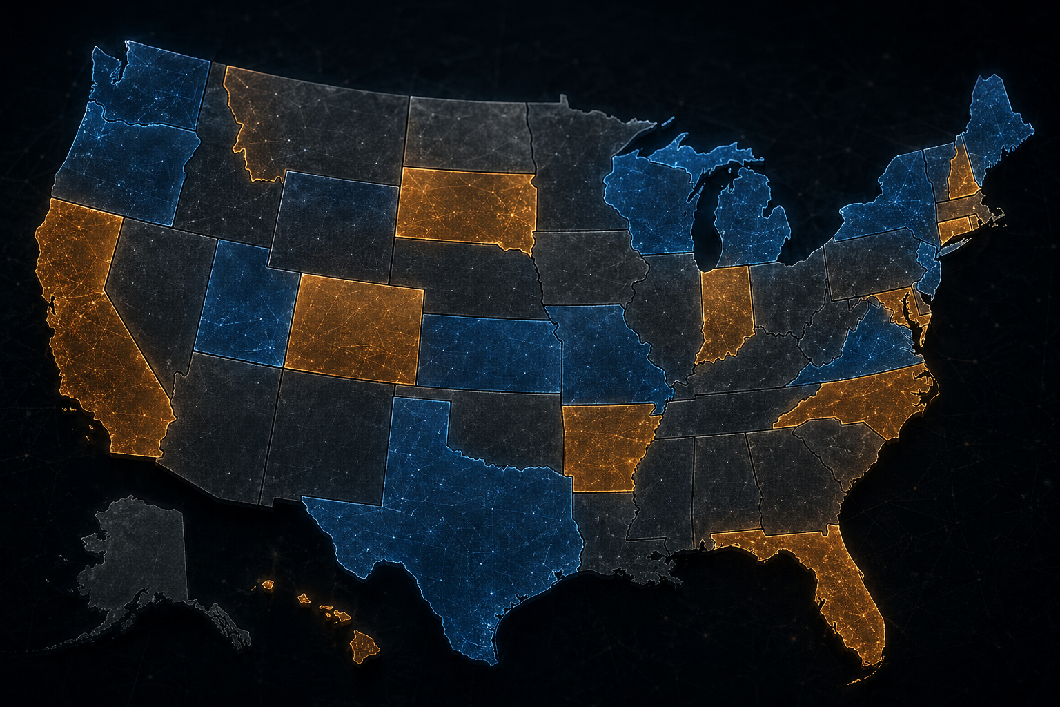 Abstract network of US states in darkness, some glowing amber, some cool blue, some gray â€” the patchwork of AI law across America