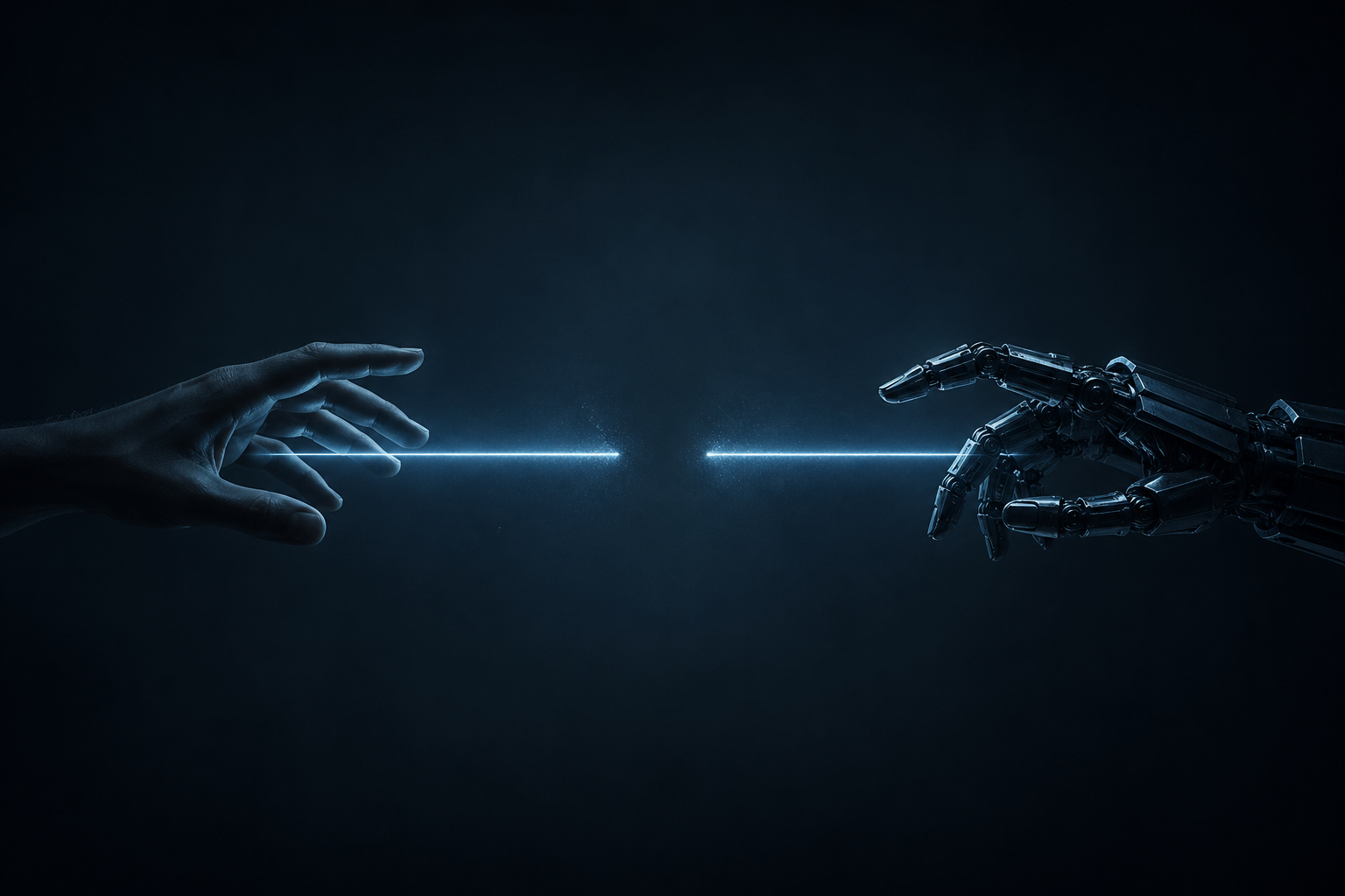 Abstract dark visualization of a human hand on one side and a robotic mechanism on the other, connected by a glowing line with a break in the middle